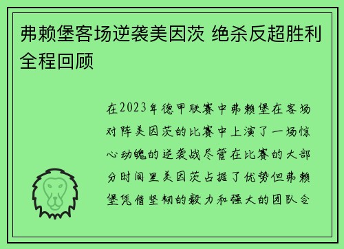 弗赖堡客场逆袭美因茨 绝杀反超胜利全程回顾